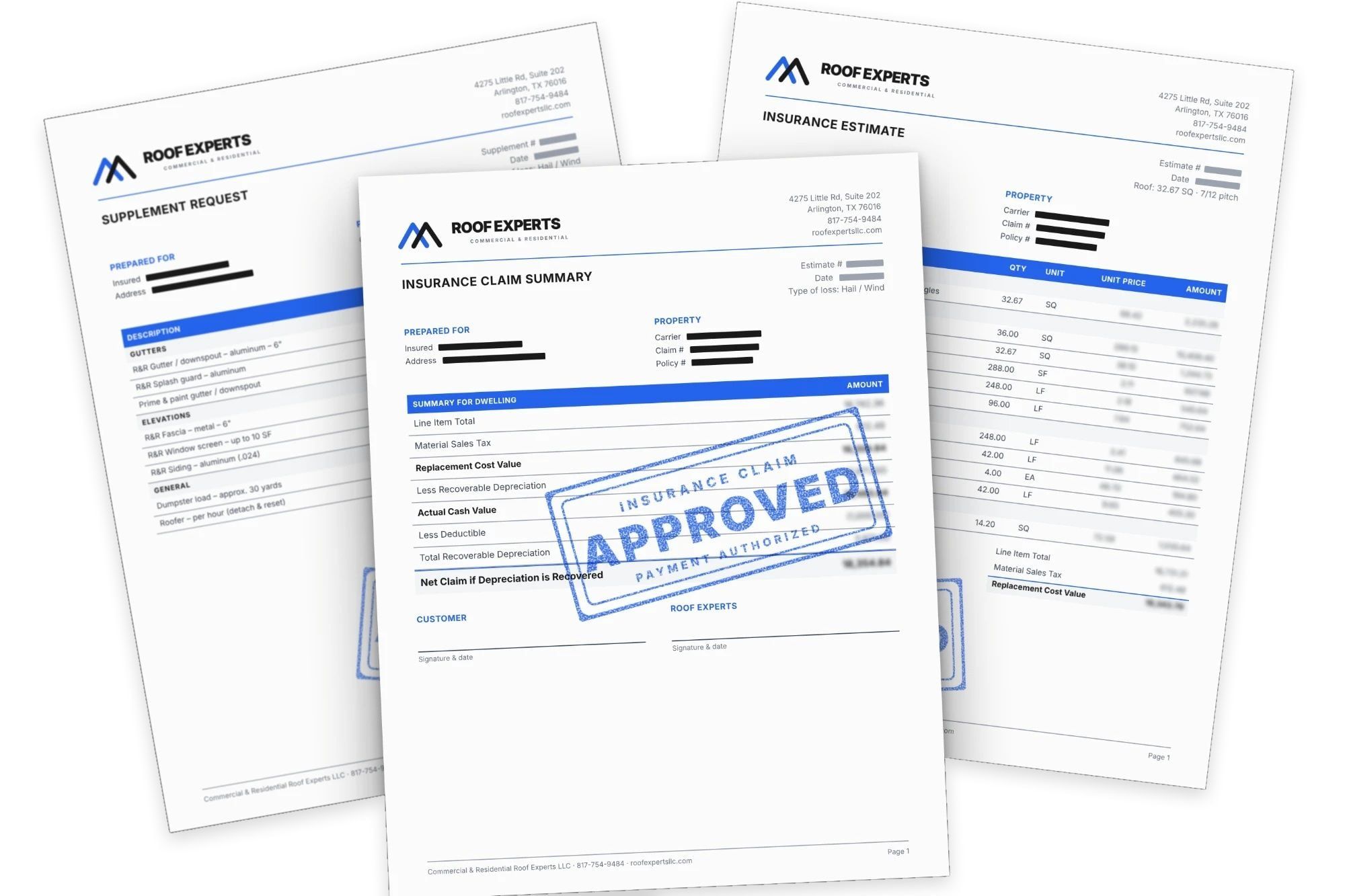 Sample insurance claim summary, estimate and supplement request, with names and amounts hidden