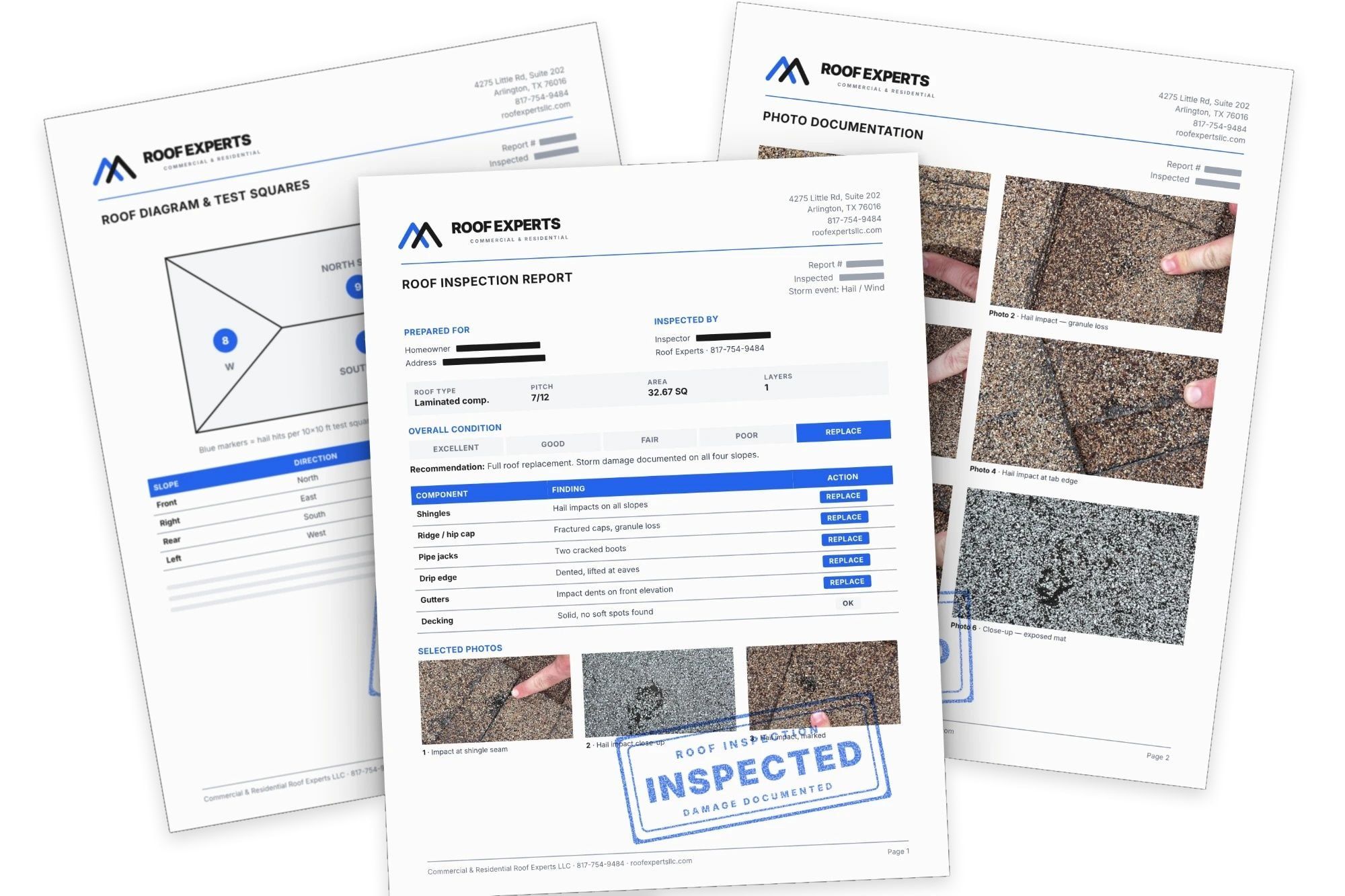 Sample roof inspection report with a condition summary, roof diagram and hail damage photos